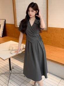 DAZY Color Block Puff Sleeve Mid-Length Dress For Women Sundress