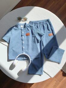 2 Stücke Set Kleine Jungen Lässig Süß Grafik Kurzarm Strickjacke Hemd und Hose Outfit, geeignet für Frühling, Sommer, Herbst, Winter Lässig, Hauskleidung, Schule, Sport - Graublau - Übersicht 4