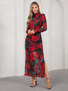 SHEIN Clasi Valentine's Day Spring Of Summer Valentine's Day Elegant Women's Long Sleeved Red Romantic Rose Mesh Sleeve Pleated, Side Slit Waist Cinching Dress, Suitable For Valentine's Day Dressing - Multicolor - View 6