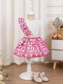 SHEIN Leap Crew Babygirl Summer Cute Floral Print Ruffled Trim Top And Skirt Set - Pink - View 1