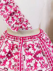 SHEIN Leap Crew Babygirl Summer Cute Floral Print Ruffled Trim Top And Skirt Set - Pink - View 5