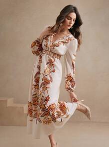Anewsta Women V-Neck Ditsy Floral Cinched Waist Dress, Boho Floral Dress, Spring Outfits For Women - Apricot - View 4