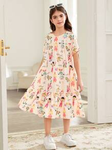 SHEIN Tween-Mädchen Lässiges Midikleid mit Cartoon-Graffiti-Print und Rundhalsausschnitt, kurzen Ärmeln und Rüschensaum