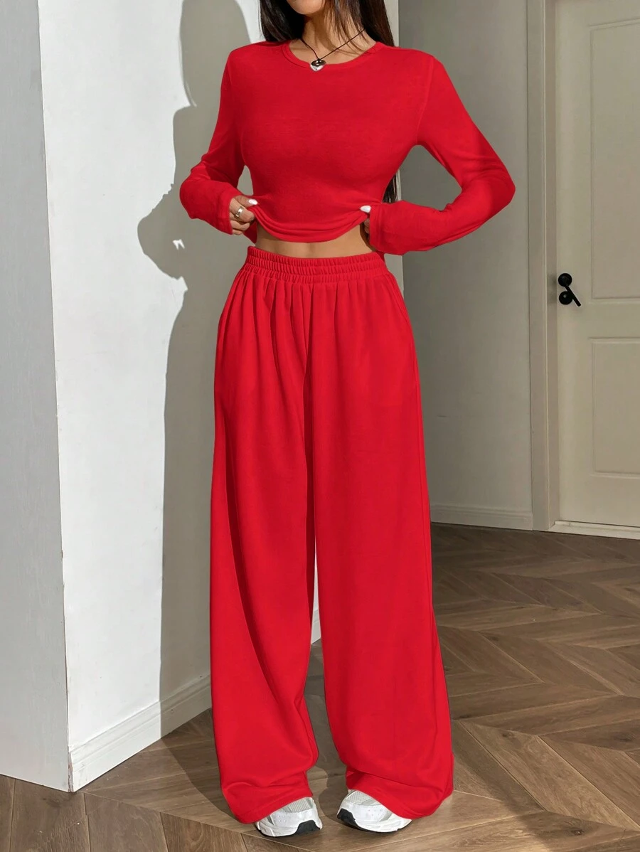 SHEIN EZwear 2 Stück Damen Set aus einfarbigem Crew-Neck Langarm Oberteil und Hose, figurbetonter Schnitt