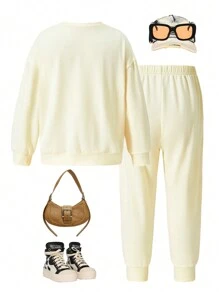 2pcs Young Girls Cute Casual Round Neck Long Sleeve Sweatshirt & Pants Set, Suitable For Daily, Holiday, Festival Occasions