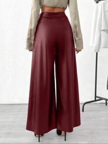 RueChic Side Zipper Detailed Slant Pockets Straight Fit Leather Pant - Burgundy - View 2