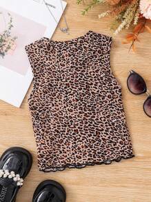 Young Girls' Casual Vintage Stretch Leopard Print Front Keyhole With Bowknot Decor Camisole, Suitable For Vacation,Clothes,Leopard Top,Suitable For Spring And Summer,Suitable For Girls Daily Wear