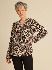 SHEIN LUNE 女士 V 领豹纹长袖休闲衬衫 - 彩色 - 查看 4