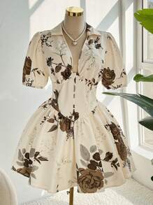 Ceyna Vestido corto de verano de manga corta con estampado floral, minimalista y elegante para talla grande