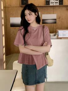 DAZY Women Casual Solid Color Round Neck Short Sleeve Asymmetrical Hem T-Shirt,Ruffle - Pink - View 3