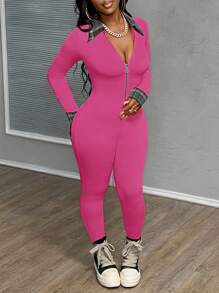 Slaydiva 简单休闲百搭秋冬女式撞色衣领和袖口格子设计拉链领长袖连体裤 - Z