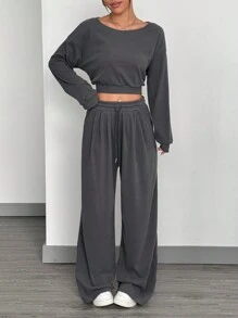 SHEIN EZwear Bộ đồ rộng rãi thoải mái cổ tròn trễ vai màu trơn mới cho nữ tay dài có mũ trùm đầu và quần nỉ - Màu xám đen - Xem 6