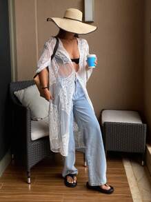 DAZY Damen Bluse mit Spitzenkante, locker geschnitten mit Bindegürtel, lässiger Sommer Strand Urlaub Langarm Top - Weiss - Übersicht 7