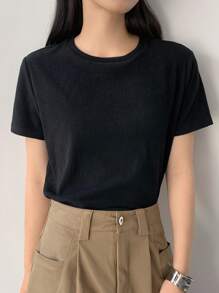 DAZY Women Loose Fit Slim Short Sleeve T-Shirt, Minimalist & Fashionable Casual Wear - Black - View 1
