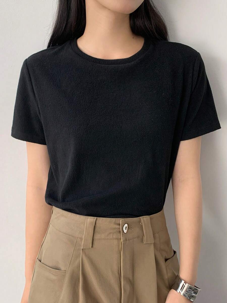 DAZY Women Loose Fit Slim Short Sleeve T-Shirt, Minimalist & Fashionable Casual Wear - Black - View 1