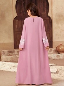 SHEIN Tween Girl Loose Casual V-Neck Long Sleeve Embroidery Dress
