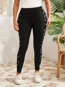 EMERY ROSE Plus Size Women Black Geometric Print Patchwork Casual Leggings,Summer Outfits For Women,Casual Everyday Wear,Vacation Outfits Woman