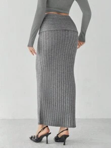 SHEIN Tall Women's Solid Color Fish Tail Hemline Long Sweater Skirt, Autumn/Winter, Tall Women - Grey - View 2