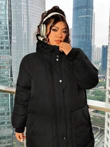 SHEIN EZwear Plus Size Hooded Zipper Plain Jacket, Casual & Fashionable For Everyday Wear, Winter