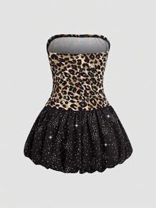 EgrlEra Women's Leopard Print Patchwork Minimalist Strapless Casual Mini Dress - Black - View 2
