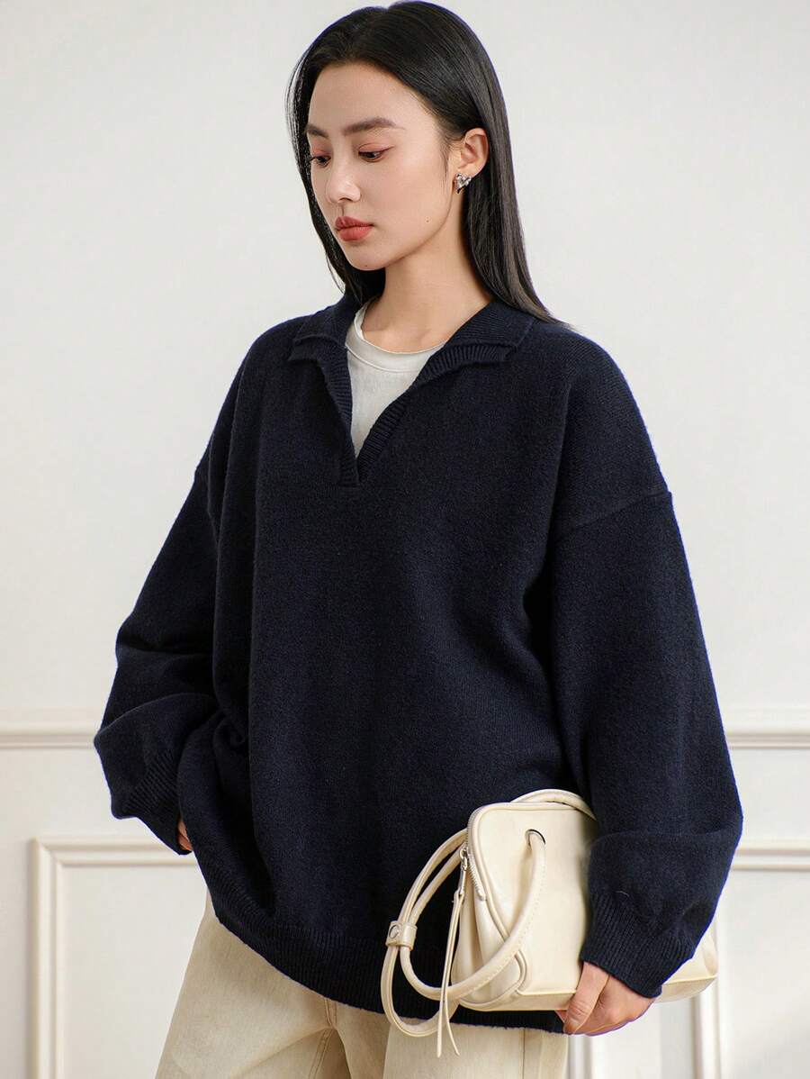 Dazy-Less Áo len dệt kim dáng rộng cổ chữ V màu trơn thời trang dành cho nữ, quần áo mùa thu - Màu xanh hải quân - Xem 1
