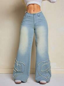 SHEIN SXY Jeans casual a gamba larga con design a frange e tasche, vestibilità morbida per le donne