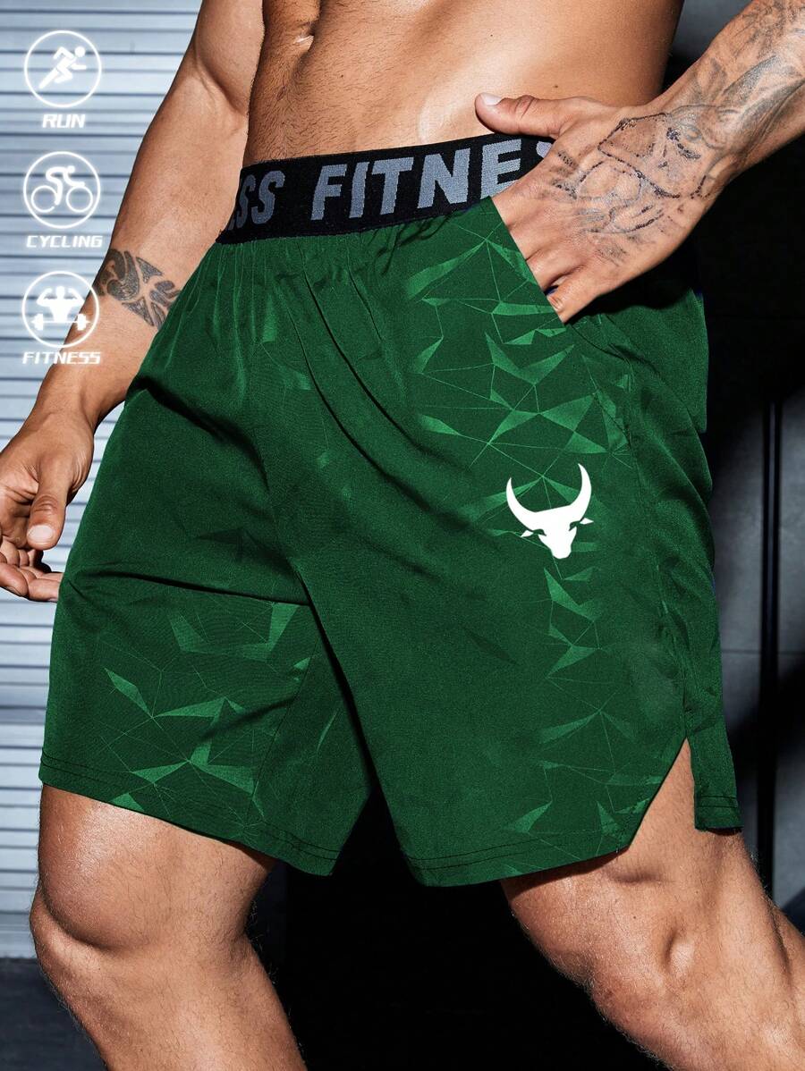 Manfinity Fitness Boyfriend Style Men's Bull Print & Letter Webbing Casual Shorts,Gym Clothes, Men's Green Gym Shorts, Dry Fit Shorts - Green - View 1