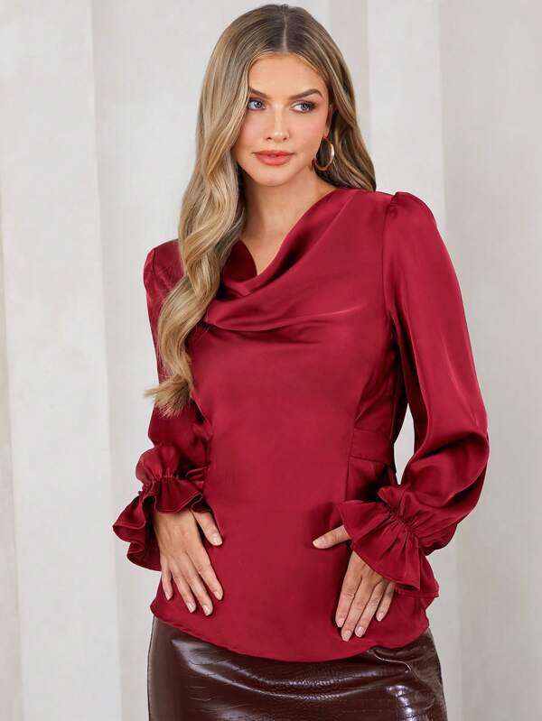 SHEIN Clasi Primăvara și vara, Ziua Îndrăgostiților, cămașă elegantă Ankora roșie din satin cu mânecă lungă, guler leagăn, pentru femei, pentru toamnă și iarnă, potrivită pentru diverse ocazii
