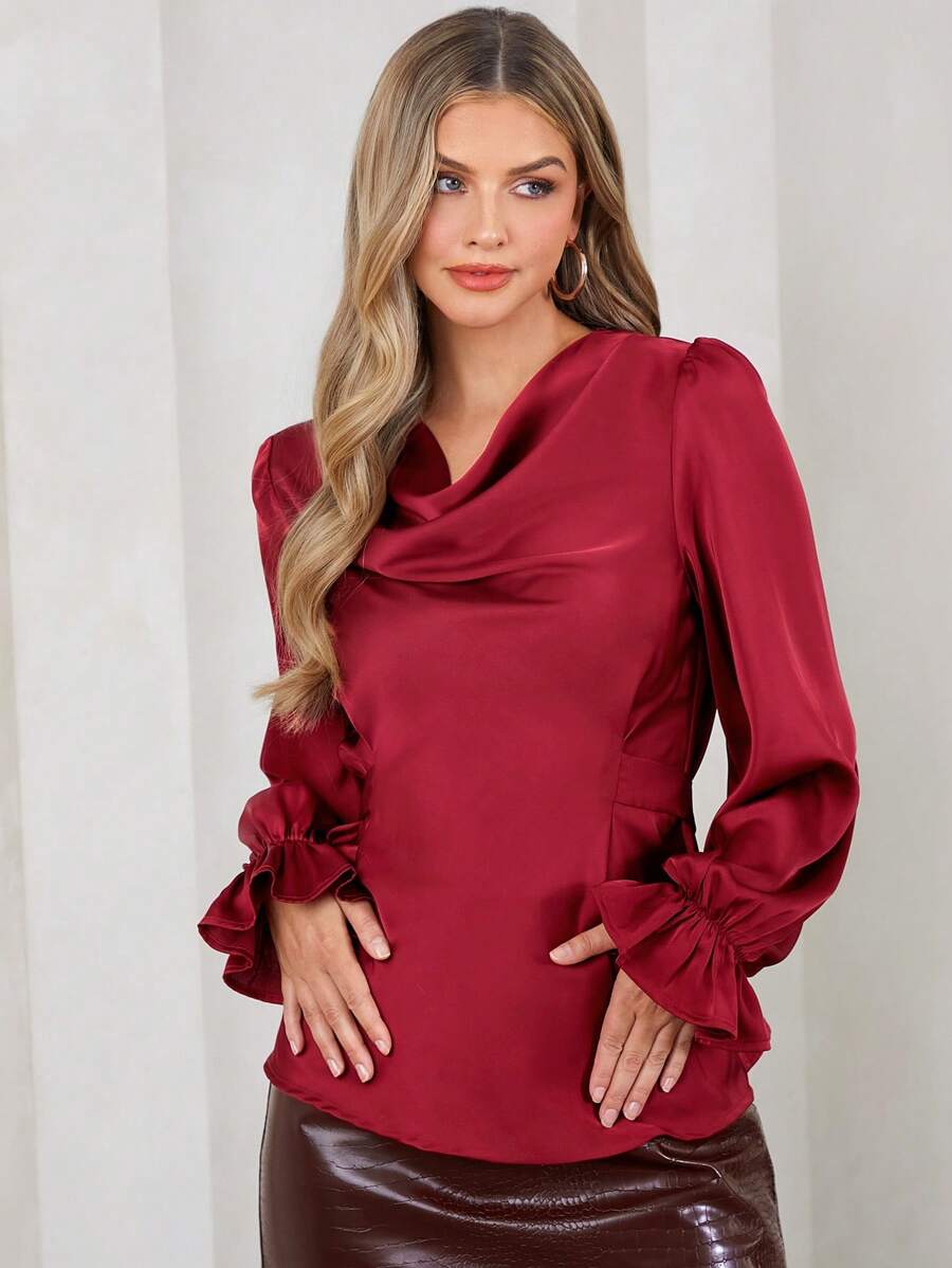 SHEIN Clasi Spring And Summer,Valentine's Day,Elegant Women's Ankora Red Long Sleeved Swing Collar Lace Up Satin Shirt For Autumn And Winter, Suitable For Various Occasions