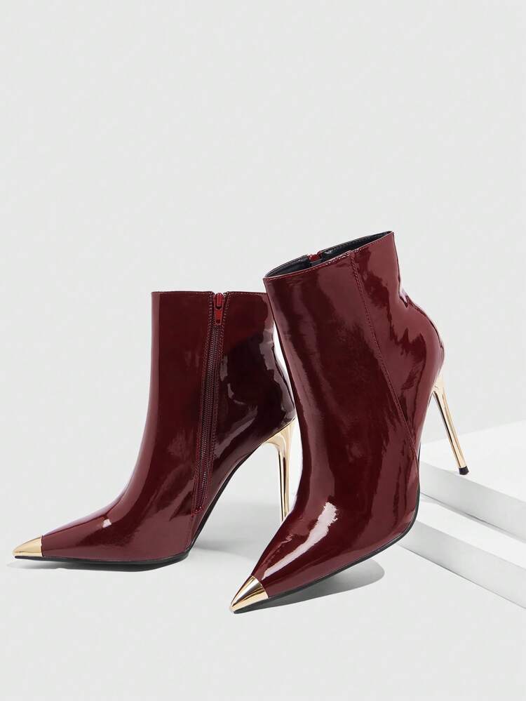 CUCCOO SZL Botas rojas burdeos nuevas de moda para mujeres, botas de tobillo de tacón de aguja con punta metálica puntiaguda al estilo europeo para fiesta, reunión, celebración del Día de San Valentín