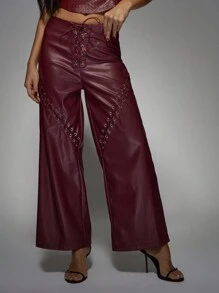 MISSGUIDED Faux Leather Wide Leg Pants Lace Up Detail High Waisted Party Club Evening Statement Piece Glamour Trouser Edgy Metallic Fashion Fall Winter Collection Christmas - Burgundy - View 5