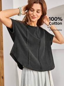 Bohemela 女性實色弧形梯形t恤 - 黑色 - 查看 7