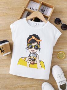 SHEIN Girls Cute Girl Print Round Neck Knit T-Shirt,Suitable For Spring And Summer - White - View 1