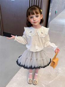 2pcs/Set Young Girl Front Button Long Sleeve Casual Top And Mini Skirt