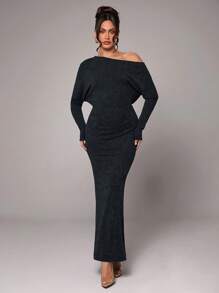 SHEIN BAE 女士纯色深灰色花卉不对称领长袖紧身不对称肩部性感时尚连衣裙，适合鸡尾酒会、浪漫约会、秋冬分层连衣裙、派对、婚礼伴娘、万圣节、圣诞节 - 深灰色 - 查看 7