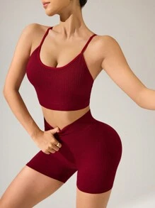 SHEIN 女士纯色交叉背心和短裤运动套装女士健身套装