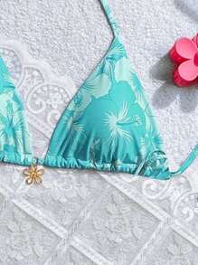 Swim Mod 女士夏季海滩花卉印花金属装饰肩带比基尼上衣 - 薄荷綠 - 查看 3