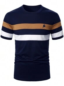 Manfinity Homme Men's Color Block Round Neck Short Sleeve Casual T-Shirt - Navy Blue - View 2