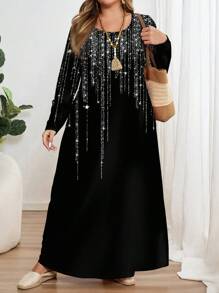 EMERY ROSE 大码长袖圆领闪光星星印花宽松连衣裙，适合秋冬季 - 彩色 - 查看 4