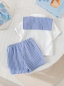 Bộ 3 áo cardigan cổ tròn tay ngắn cho bé trai, khăn choàng sọc, quần short sọc cạp chun - Xanh và trắng - Xem 2