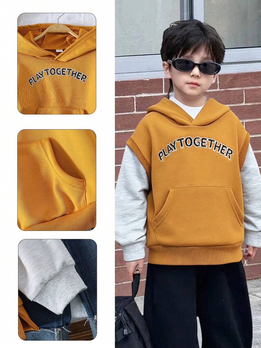 Fashionable Letter Embroidery Hooded Sweatshirt, Casual Stylish Pullover For Toddler Boys, Versatile Autumn Kids Top - Yellow - View 1