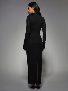 MISSGUIDED Sultry High Neck Cut-Out Long Sleeve Ribbed Bodycon Maxi Dress Evening Party Form-Fitting Elegant - Black - View 2