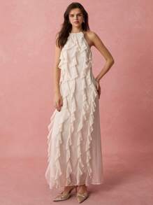 Enchnt Spring/Summer Romantic Women's Vacation Apricot Sleeveless&Backless Ruffled Maxi Dress,Sweet&Elegant For Valentine's Day&Birthday&Sweet Date Night&Prom&Wedding&Garden Parties&Holiday Sundress
