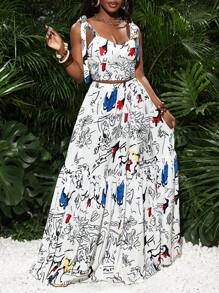 Slaydiva Conjunto informal de 2 piezas con parte superior de tirantes anchos con lazo y estampado abstracto para mujer