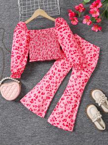 SHEIN 2pcs/Set Young Girl Cute & Chic Pink Leopard Print Puff Sleeve Shirt And Flared Pants Set - Pink - View 1