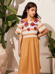 SHEIN Tween-Mädchen 1 Stück Einteiliges Kleid im City-Freizeit-Stil mit Polokragen, kurzen Ärmeln und Rosenstreifenmuster. Dieses Kleid eignet sich für verschiedene Anlässe wie Stadtausflüge, Feiertagstreffen und die Schule. - Verschiedenfarbig - Übersicht 7