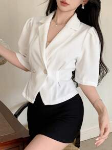 DAZY 女士纯色前扣短袖休闲短款夹克 - 白色 - 查看 8