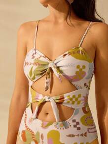CAJUNI Maillot de bain une pièce pour femmes, style bohème imprimé, pour les vacances, tenue d'été décontractée, plage, avec liens et découpages