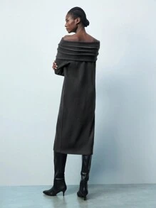 Maija 炭灰色露肩褶皱宽松舒适女士针织毛衣裙，适合节日和派对