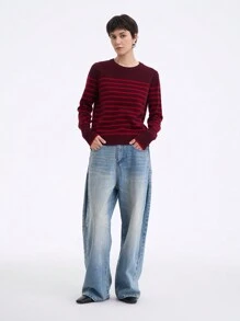 SHEIN LUNE Suéter de punto de cuello redondo a rayas, sencillo y casual, para mujer, para otoño e invierno - Granate - Ver 3